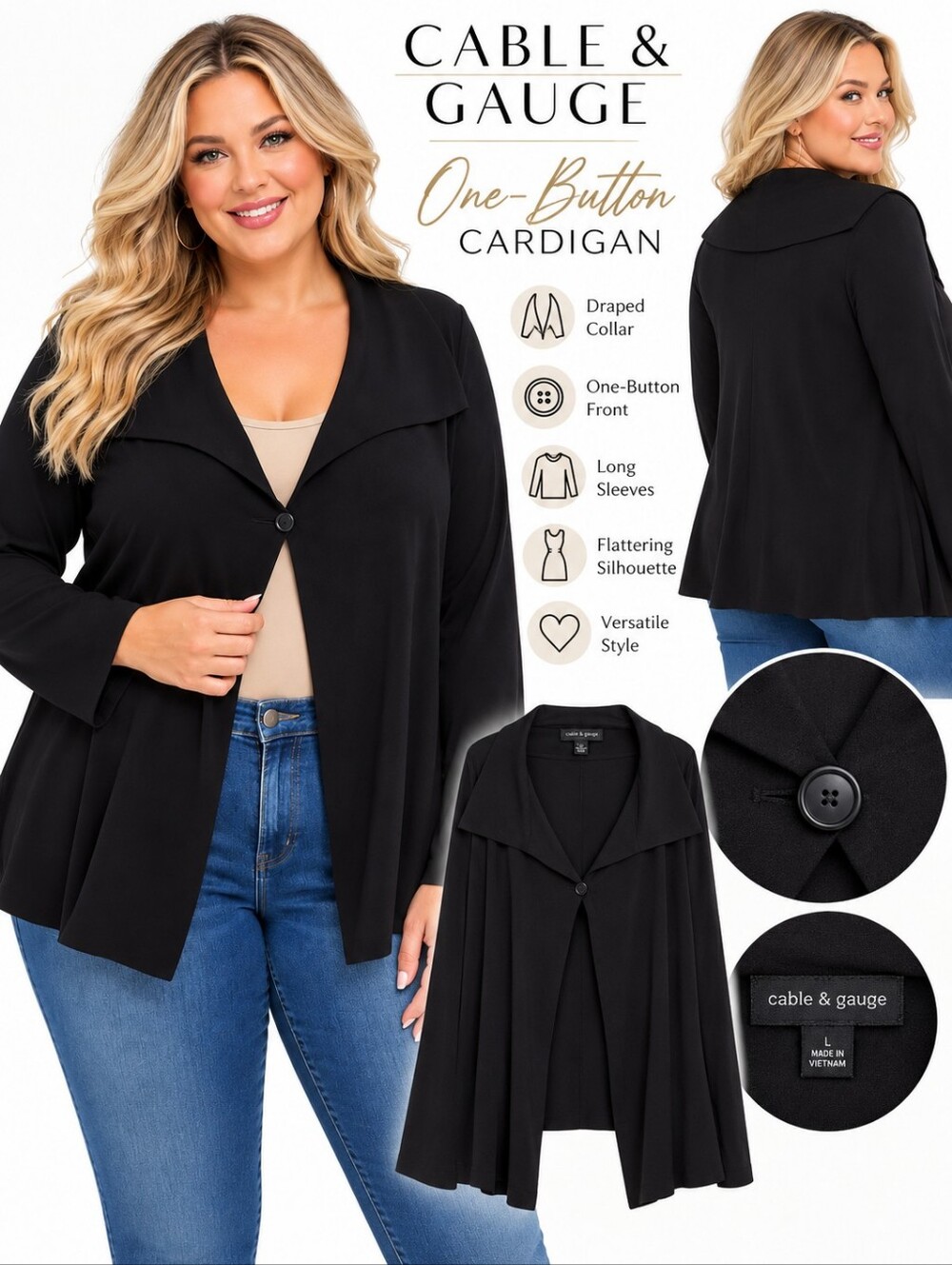 Cable & Gauge Women's Black One-Button Collared Cardigan Size 3X